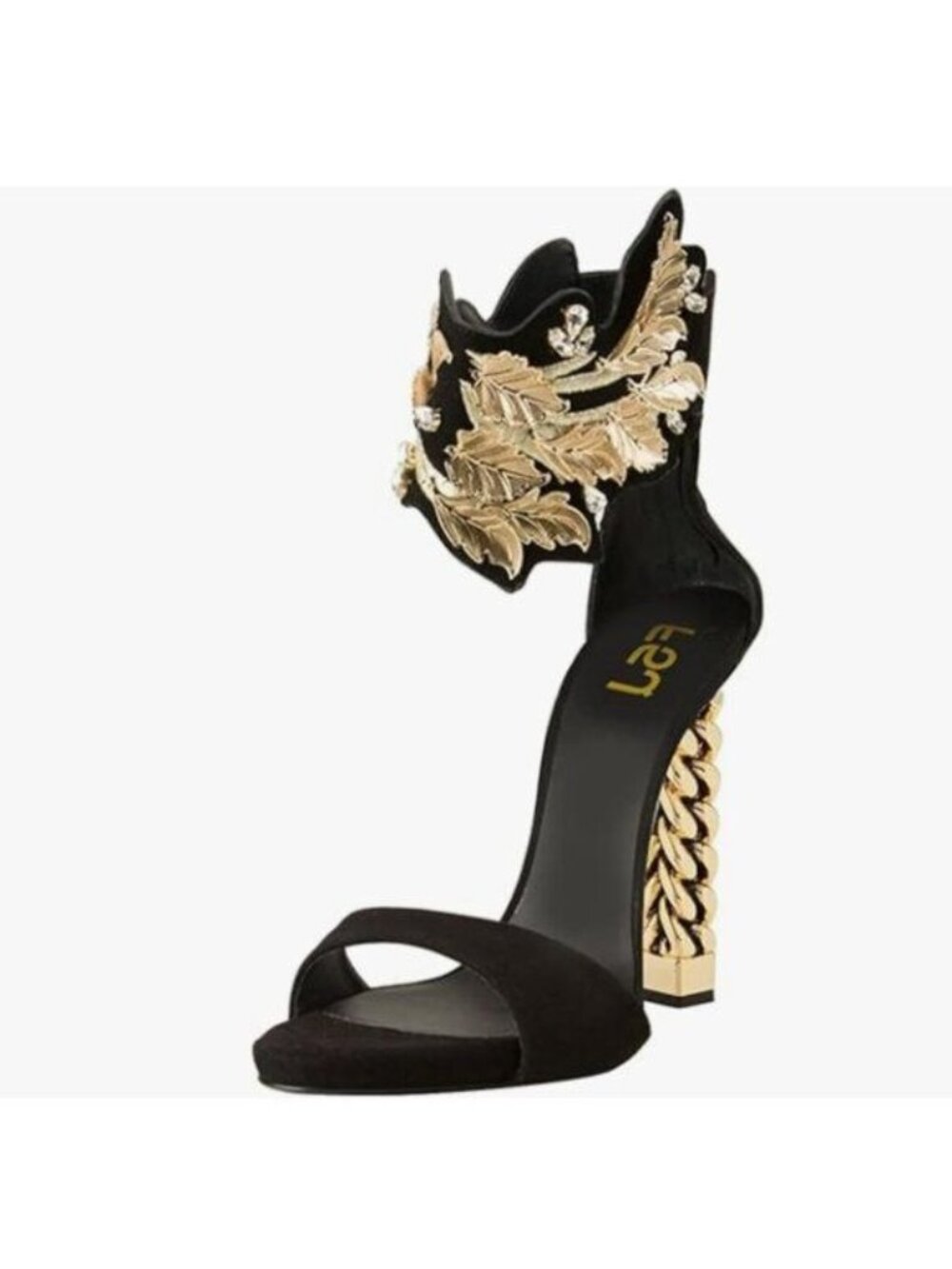 FSJ Black Vine Gold Metal Chain Chunky Heels Ankle Strap Sandals Open Toe Shoes